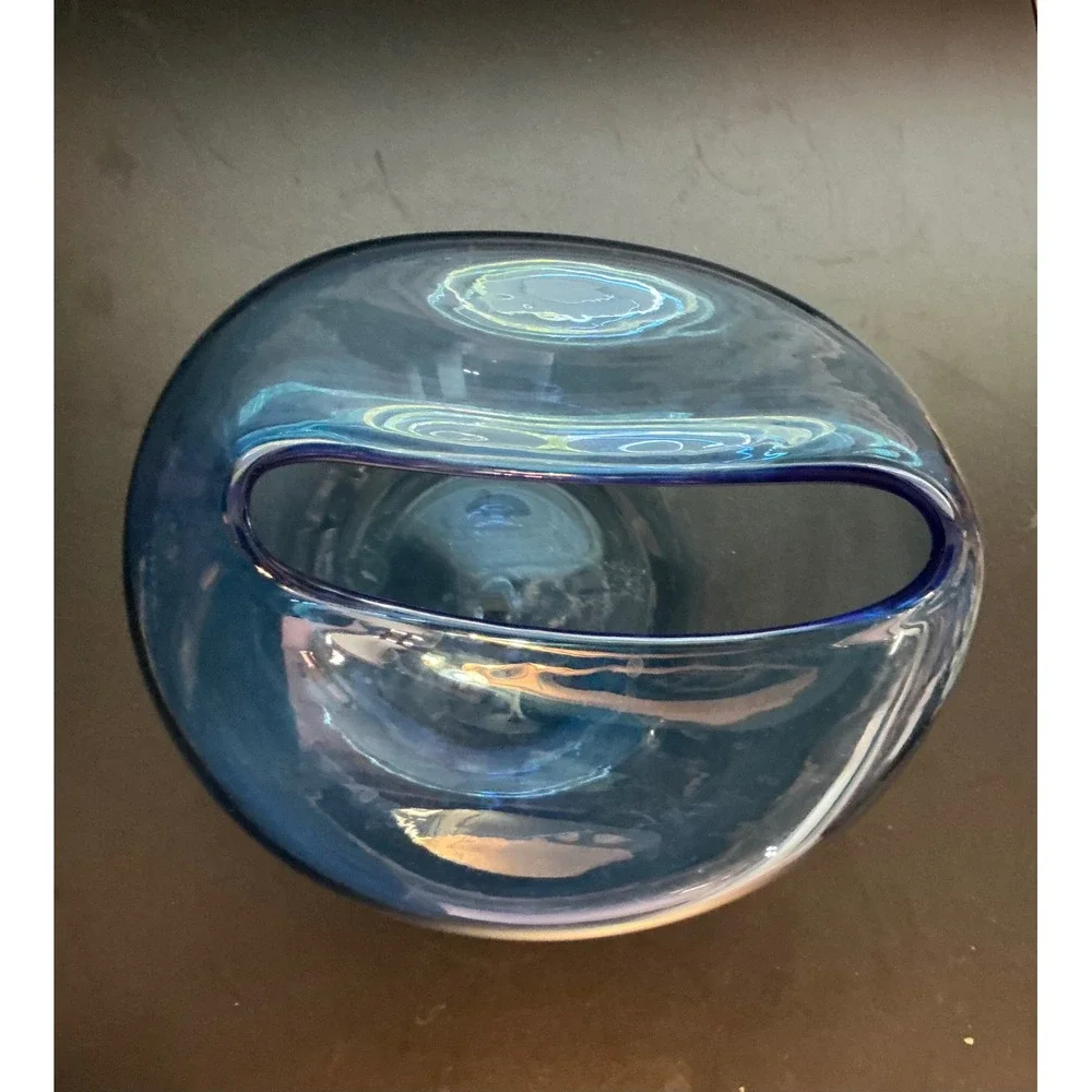 Blue Hand Blown Art Glass Crescent U-Shaped Sculptural Vase Centerpiece 9.5in